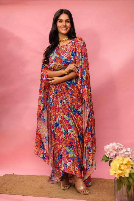 Buy_Meher By Islie_Multi Color Crepe, Net Tassels Round Neck Printed Dress 