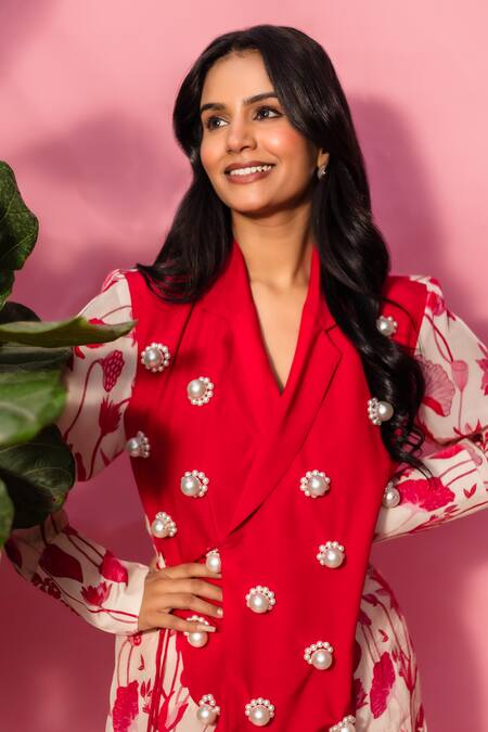 Meher By Islie_Red Crepe Pearls Collared Printed Pant Set _Online_at_Aza_Fashions