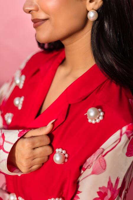 Buy_Meher By Islie_Red Crepe Pearls Collared Printed Pant Set _Online_at_Aza_Fashions