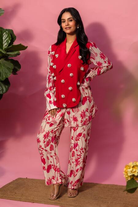 Shop_Meher By Islie_Red Crepe Pearls Collared Printed Pant Set _Online_at_Aza_Fashions