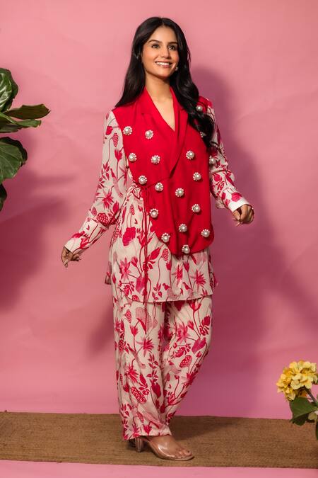 Meher By Islie_Red Crepe Pearls Collared Printed Pant Set _at_Aza_Fashions