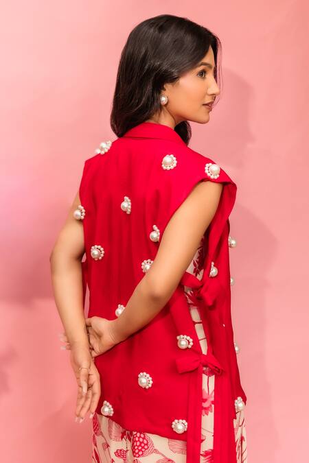 Meher By Islie_Red Crepe Pearls Round Neck Printed Dress And Coat Set _Online_at_Aza_Fashions