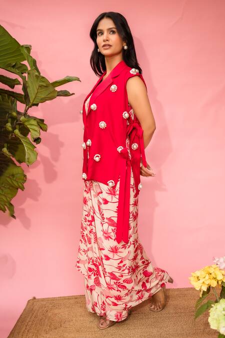 Meher By Islie_Red Crepe Pearls Round Neck Printed Dress And Coat Set _at_Aza_Fashions