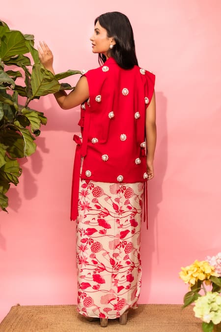Meher By Islie Red Printed Dress & Coat Set 