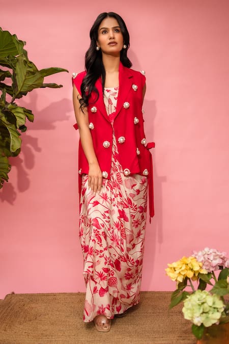 Meher By Islie Red Crepe Pearls Round Neck Printed Dress And Coat Set 