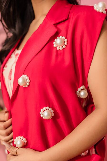 Buy_Meher By Islie_Red Crepe Pearls Round Neck Printed Dress And Coat Set 