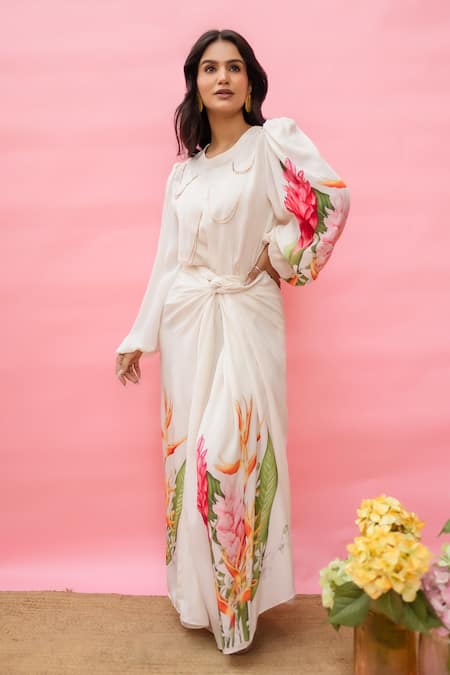 Meher By Islie White Crepe Tassels Round Neck Floral Printed Designer Dress 