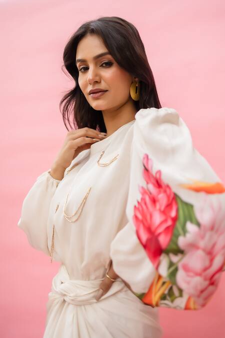 Buy_Meher By Islie_White Crepe Tassels Round Neck Floral Printed Designer Dress _Online_at_Aza_Fashions