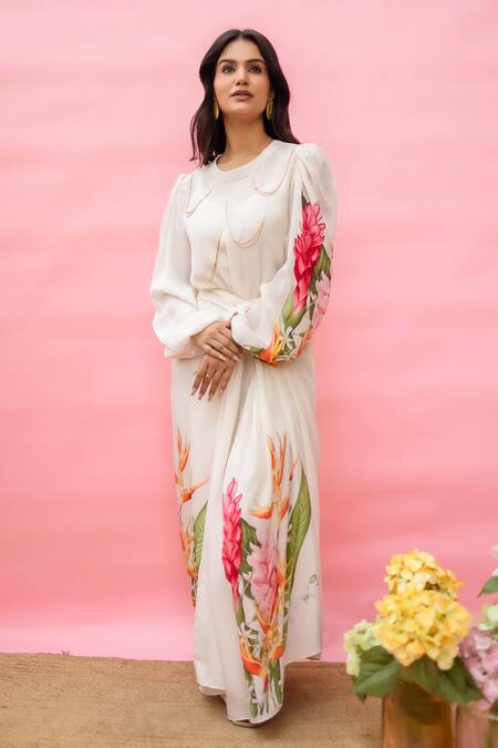 Shop_Meher By Islie_White Crepe Tassels Round Neck Floral Printed Designer Dress _Online_at_Aza_Fashions
