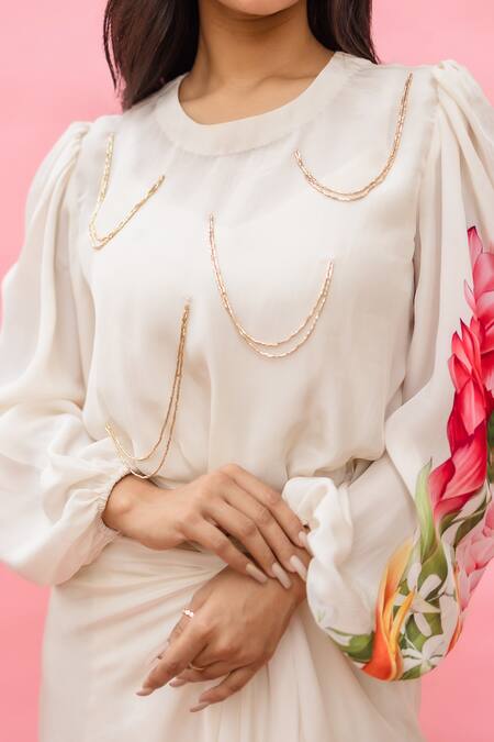 Meher By Islie_White Crepe Tassels Round Neck Floral Printed Designer Dress _at_Aza_Fashions