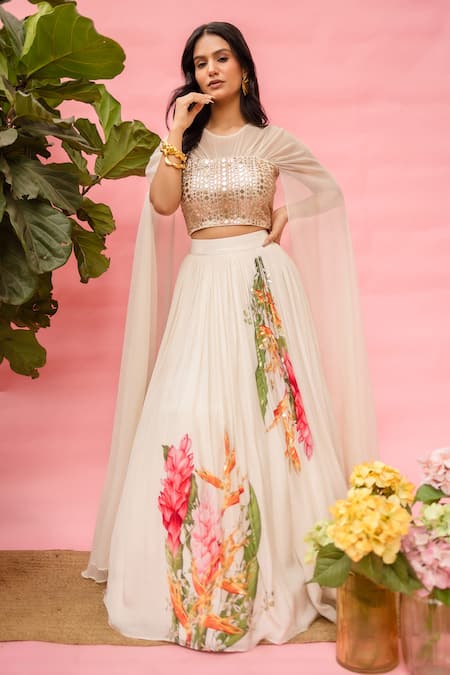 Meher By Islie White Crepe Sequins Round Neck Hand Embroidered Skirt Set 