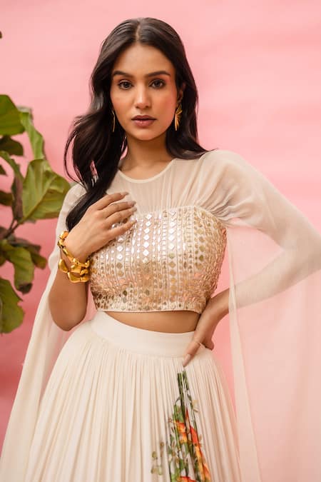 Meher By Islie_White Crepe Sequins Round Neck Hand Embroidered Skirt Set _Online_at_Aza_Fashions
