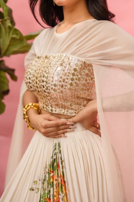 Buy_Meher By Islie_White Crepe Sequins Round Neck Hand Embroidered Skirt Set 