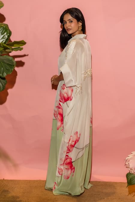 Buy_Meher By Islie_White Crepe Tassels Collared Printed Natural Dress _Online_at_Aza_Fashions