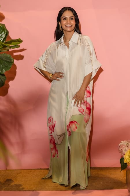 Meher By Islie White Crepe Tassels Collared Printed Natural Dress 