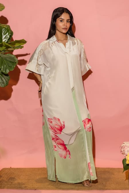 Meher By Islie_White Crepe Tassels Collared Printed Natural Dress _at_Aza_Fashions