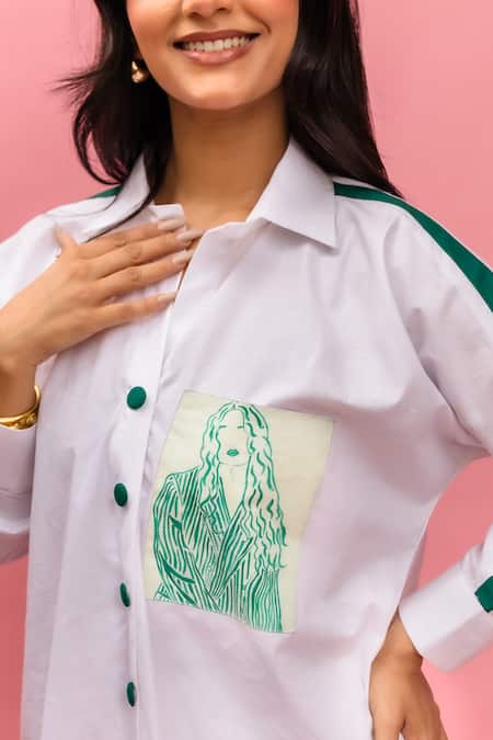 Meher By Islie_White Crepe Collared Hand Painted Pant Set _Online_at_Aza_Fashions