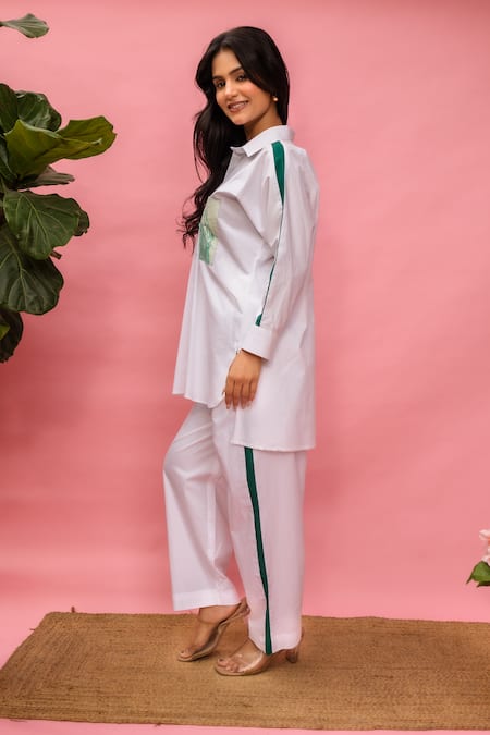 Buy_Meher By Islie_White Crepe Collared Hand Painted Pant Set _Online_at_Aza_Fashions