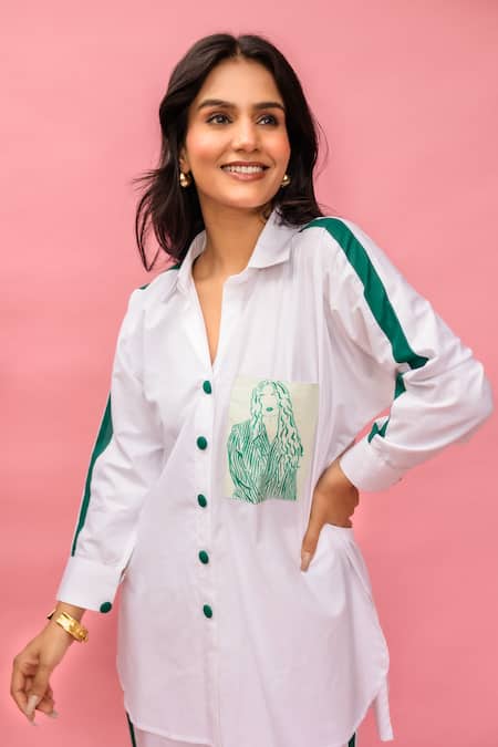 Shop_Meher By Islie_White Crepe Collared Hand Painted Pant Set _Online_at_Aza_Fashions