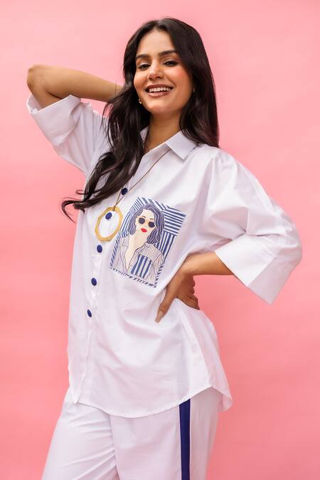 Meher By Islie White Crepe Collared Hand Painted Pant Set at Aza Fashions Meher By Islie_White Crepe Collared Hand Painted Pant Set _at_Aza_Fashions