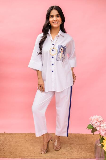 Buy Meher By Islie White Crepe Collared Hand Painted Pant Set Buy_Meher By Islie_White Crepe Collared Hand Painted Pant Set