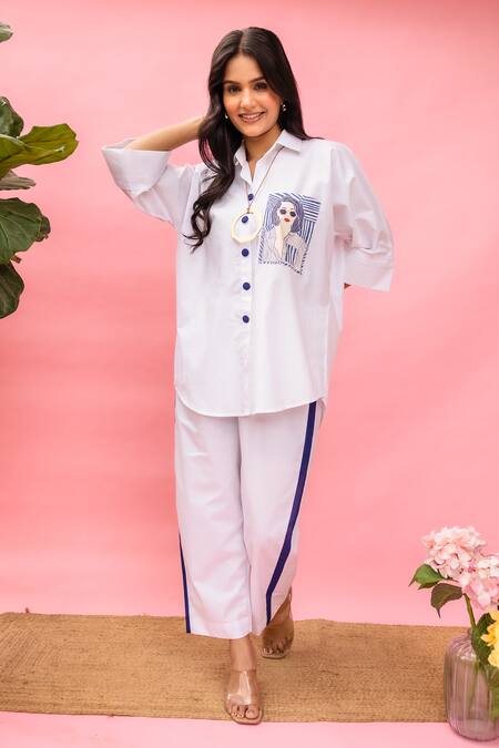 Shop Meher By Islie White Crepe Collared Hand Painted Pant Set Shop_Meher By Islie_White Crepe Collared Hand Painted Pant Set