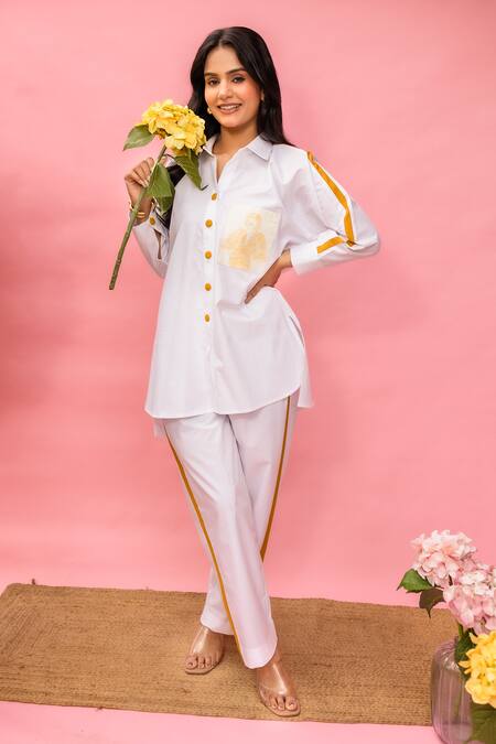 Meher By Islie_White Crepe Collared Hand Painted Pant Set _Online_at_Aza_Fashions