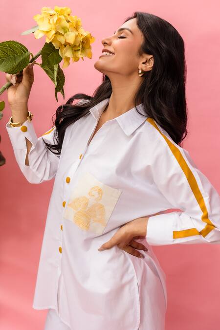 Buy_Meher By Islie_White Crepe Collared Hand Painted Pant Set _Online_at_Aza_Fashions