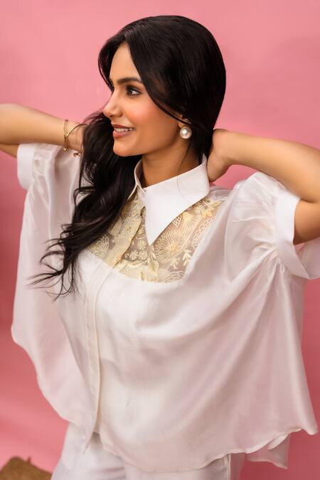 Buy_Meher By Islie_White Crepe Embroidery Collared, Round Neck Hand Pant Set _Online_at_Aza_Fashions