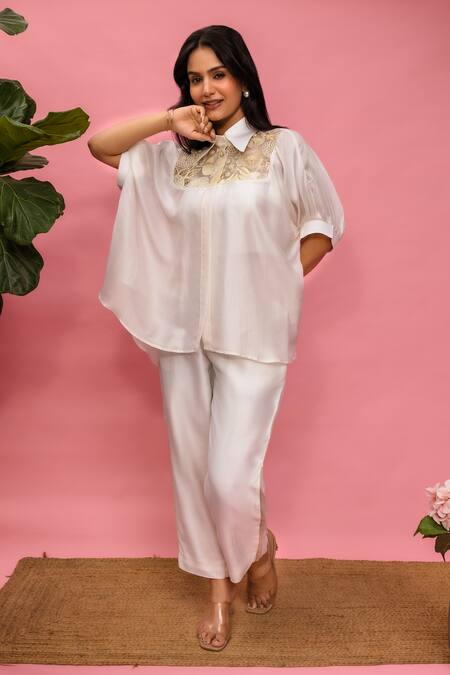 Shop_Meher By Islie_White Crepe Embroidery Collared, Round Neck Hand Pant Set _Online_at_Aza_Fashions