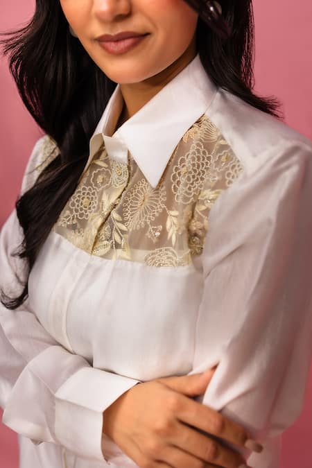 Meher By Islie_White Crepe Embroidery Collared, Round Neck Printed Hand Pant Set _Online_at_Aza_Fashions