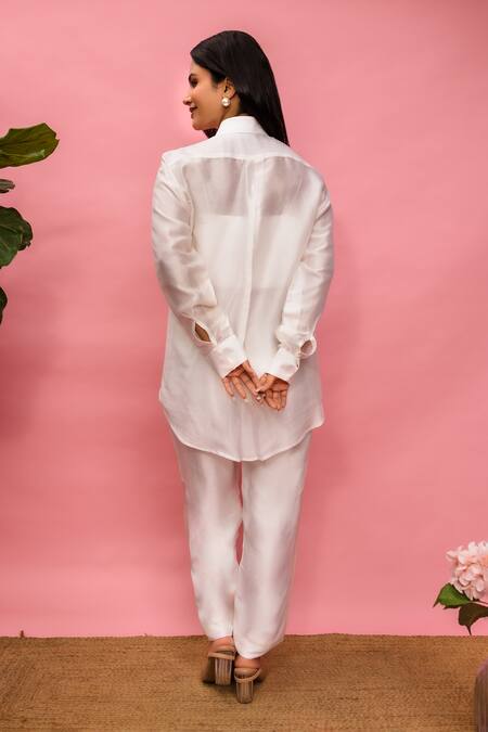 Meher By Islie White Printed Hand Embroidered Pant Set 