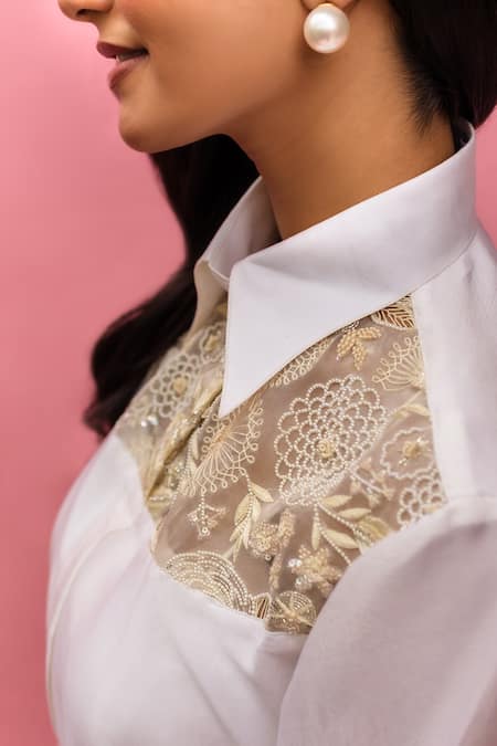 Buy_Meher By Islie_White Crepe Embroidery Collared, Round Neck Printed Hand Pant Set _Online_at_Aza_Fashions