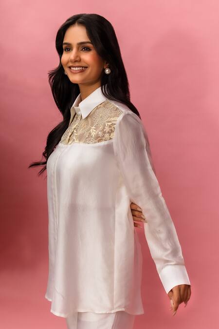 Shop_Meher By Islie_White Crepe Embroidery Collared, Round Neck Printed Hand Pant Set _Online_at_Aza_Fashions