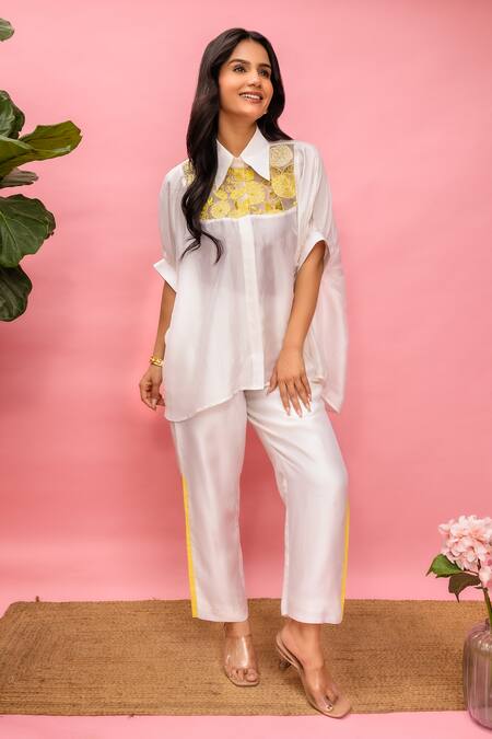 Shop_Meher By Islie_White Crepe Embroidery Collared, Round Neck Printed Pant Set With Bustier _Online_at_Aza_Fashions