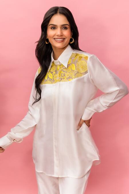 Meher By Islie_White Crepe Embroidery Collared, Round Neck Printed Hand Pant Set _Online_at_Aza_Fashions