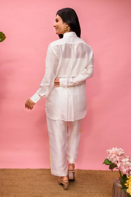 Meher By Islie White Printed Hand Embroidered Pant Set 