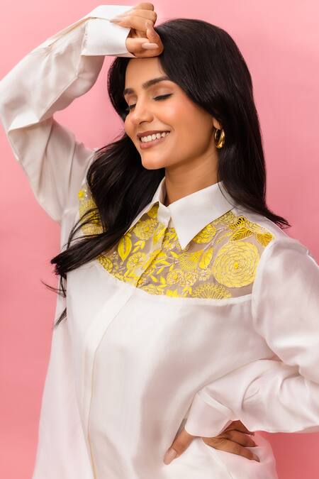 Shop_Meher By Islie_White Crepe Embroidery Collared, Round Neck Printed Hand Pant Set _Online_at_Aza_Fashions