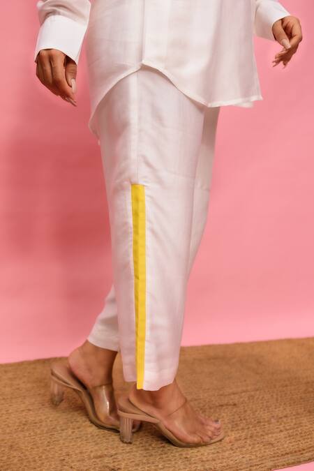 Meher By Islie_White Crepe Embroidery Collared, Round Neck Printed Hand Pant Set _at_Aza_Fashions