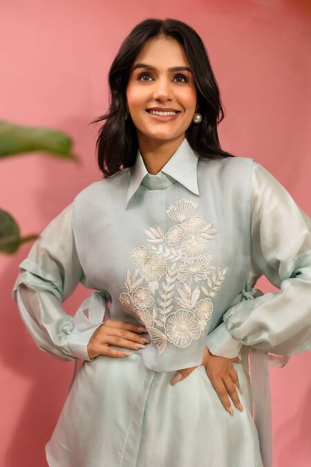 Shop_Meher By Islie_Sky Blue Crepe Embroidery Collared Hand Pant Set _Online_at_Aza_Fashions