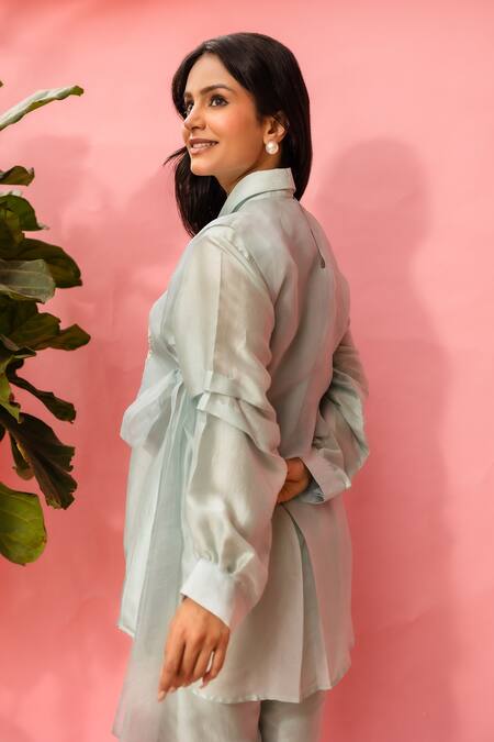 Meher By Islie_Sky Blue Crepe Embroidery Collared Hand Pant Set _at_Aza_Fashions