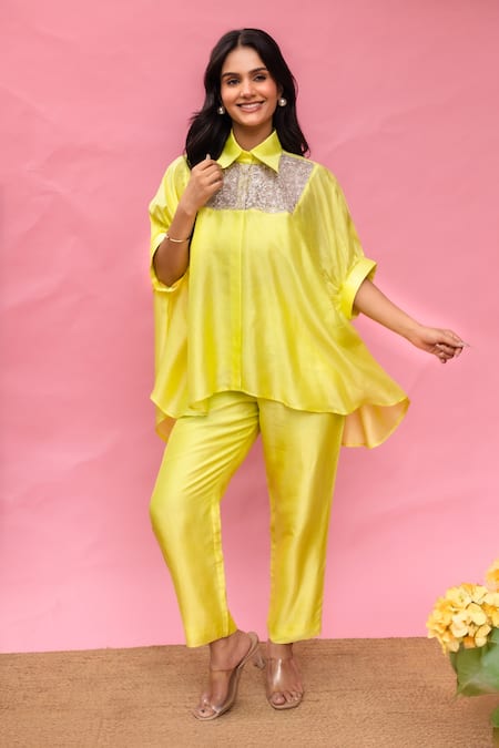 Meher By Islie Yellow Crepe Embroidery Collared, Round Neck Printed Pant Set With Bustier 