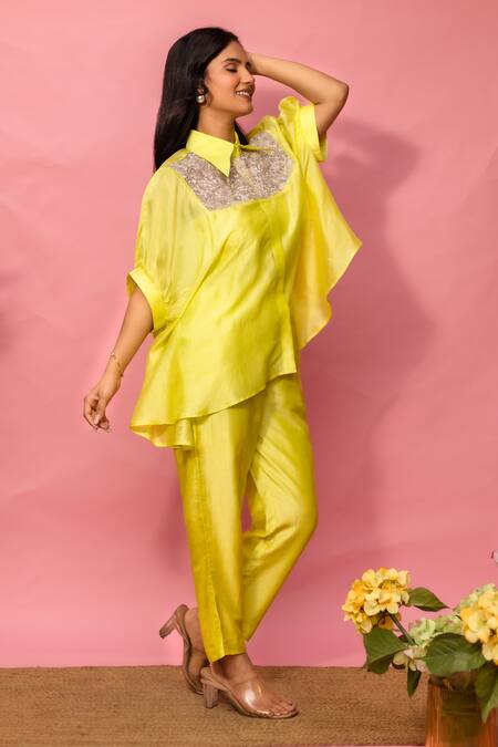 Meher By Islie_Yellow Crepe Embroidery Collared, Round Neck Printed Pant Set With Bustier _Online_at_Aza_Fashions