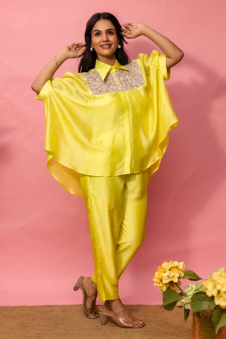 Shop_Meher By Islie_Yellow Crepe Embroidery Collared, Round Neck Printed Pant Set With Bustier _Online_at_Aza_Fashions