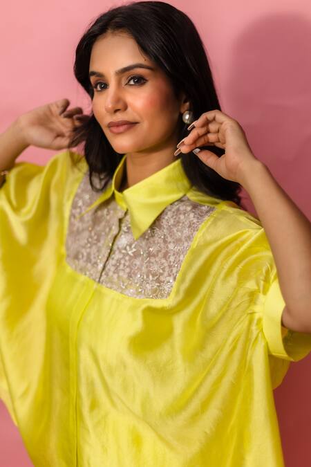 Meher By Islie_Yellow Crepe Embroidery Collared, Round Neck Printed Pant Set With Bustier _at_Aza_Fashions