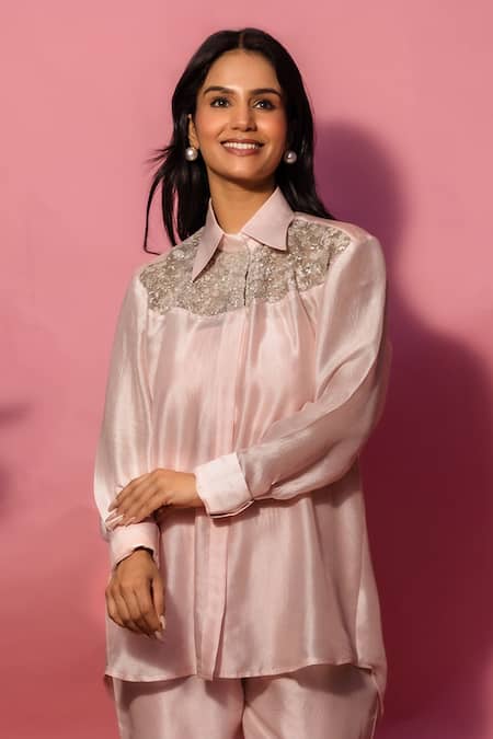 Meher By Islie Peach Hand Embroidered Pant Set 