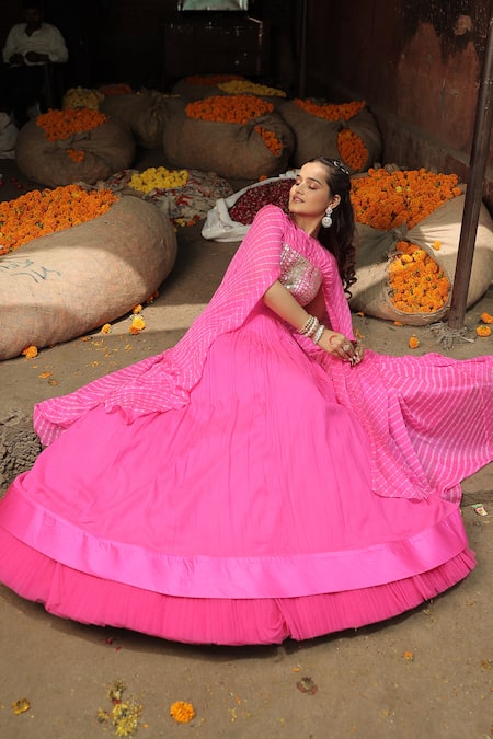 Meher By Islie_Pink Georgette, Silk, Net, Chinon Embroidery, Hot Hand Blouse Lehenga Set _Online_at_Aza_Fashions