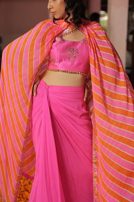 Buy_Meher By Islie_Pink Georgette, Silk Embroidery Round Neck Hot Hand Designer Set _Online_at_Aza_Fashions