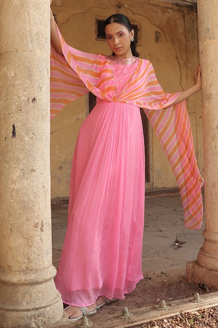 Meher By Islie Pink Georgette, Chinon Beads Round Neck Bubblegam Hand Embroidered Anarkali 