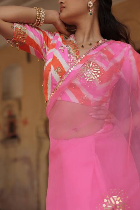 Meher By Islie_Pink Organza Embroidery, Sequins Round Neck Hand Leheriya Kora Saree Set _Online_at_Aza_Fashions